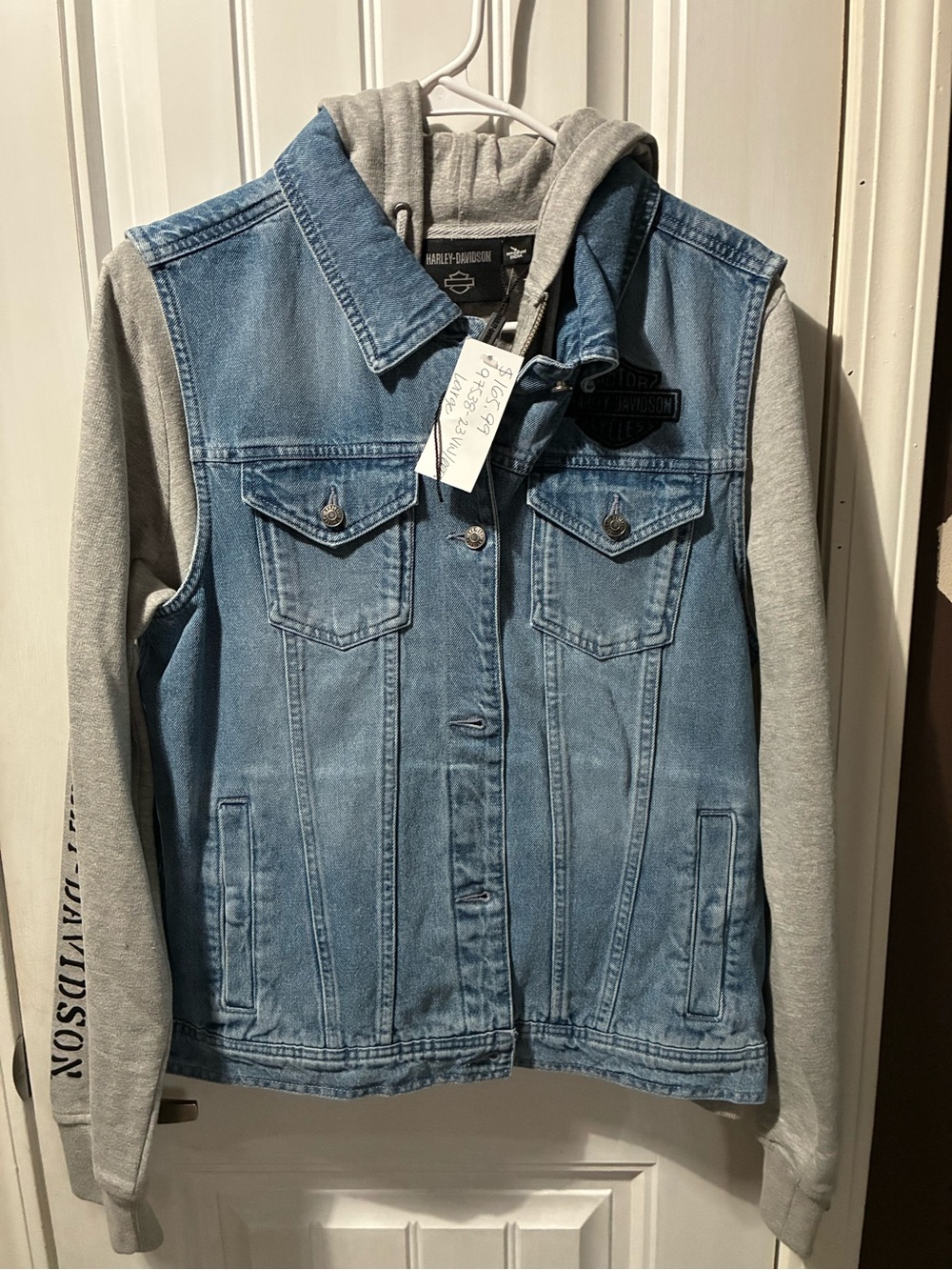 Harley-Davidson Womens Light Blue Denim Jacket with Gray Hoodie Sleeves